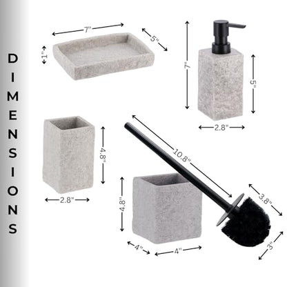 Collection Stone Effect Bath Accessory Set-4 Pieces, Resin, Gray | Soap Dispenser, Tumbler, and Toilet Brush Holder, Contemporary, Durable Construction, Bathroom Accessories Set, Easy to Clean - size: Gray