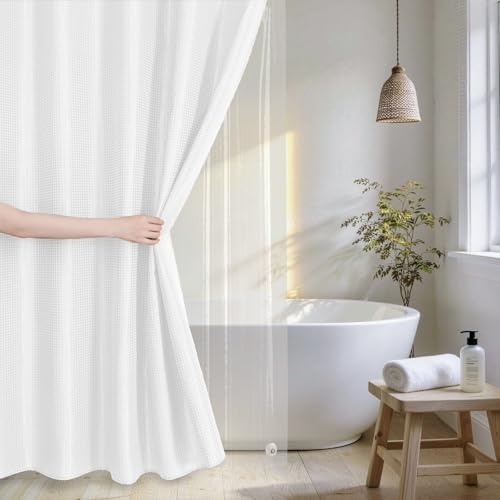 QiyI 3 in 1 Waffle Shower Curtain Set with Liner, White, 36 x 72 | Shower Curtain and Liner Set with Hooks, Waterproof Stall Bathroom Curtain with PEVA Liner & 6 Double Sided Plastic Rings - color: White, size: 36"W x 72"L (Pack of 1)