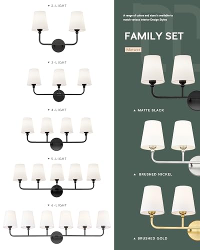 2-Light Matte Black Bathroom Vanity Light, White Fabric Shades | 17" double wall sconce, upward only, E26 base, hardwired, bulbs not included, VL837-MB-2 - color: Matte Black, size: 2-light
