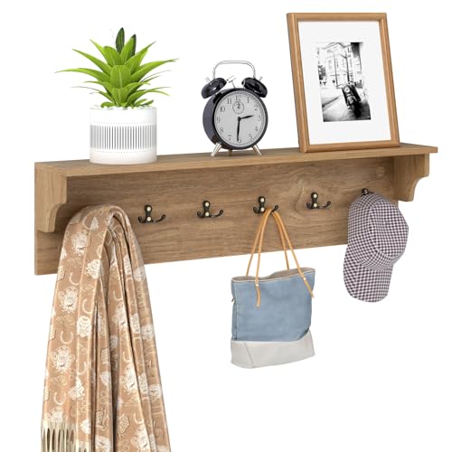 GIANTEX Coat Rack Wall Mount, 31.5" Wooden Coat Hooks with Shelf, Natural | Wall Clothes Rack w/ 6 Dual Hooks for Hats Towels Purses Robes, Floating Display Shelf for Living Room Bedroom Entryway - color: Natural