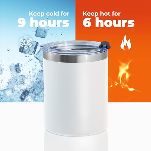 MEWAY 12 oz Lowball, Tumbler Stainless Steel Double Wall Vacuum Insulated Mug with Straw and Lid, Cleaning Brush ，Durable Powder Coated Insulated Coffee Cup for Cold & Hot Drinks (White,4 pack) - color: White