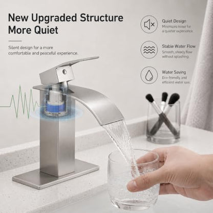 VOTON Waterfall Bathroom Faucet, Brushed Nickel 1-Hole with Deck & Drain | | SUS304 Stainless Steel | Rust-Resistant | Waterfall Flow - color: Brushed Nickel, size: Short