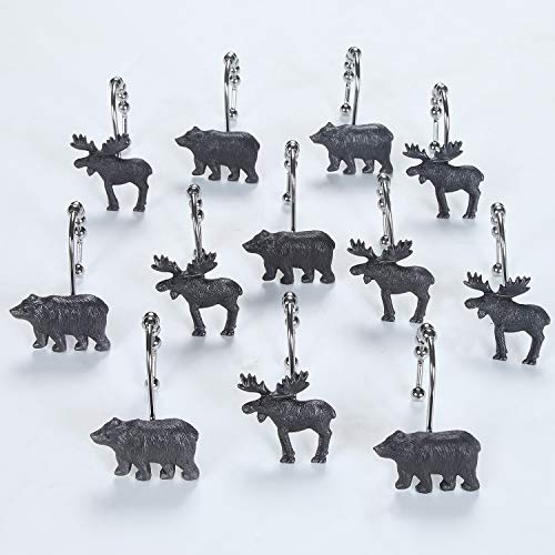 Shower Curtain Hooks Rings, Rustproof Stainless Steel Black Bear Deer Shower Curtain Hooks for Bathroom Shower Rods Curtains - Set of 12 - color: Woodland