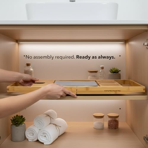 OVENTE Expandable Bamboo Bathtub Tray Caddy, Foldable Bath Tray, BTC20228 | With Book, Tablet, Phone & Wine Glass Holders, Bathroom Accessories & Home Spa Essentials, Easy to Store, Great Gift Idea