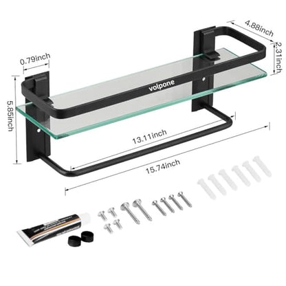 Bathroom Glass Shelf with Towel Bar Black Bathroom Shelf Wall Mount Rustproof Bathroom Wall Organizer Towel Rails1 Tier (Black) - style: 1 tier with towel bar black
