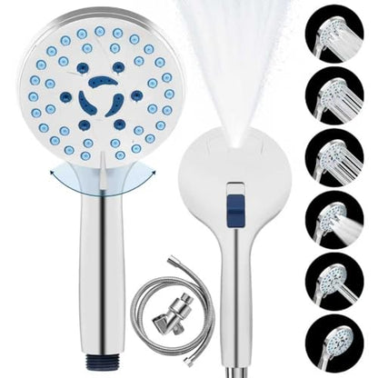 AmasSmile Shower Head with Handheld Spray Combo, High Pressure 6-Mode Detachable Showerhead with Built-in Power Wash, Instant Pause Button, 5 ft Long Hose & Bracket - Perfect for Tub, Tile, Pets & RV - color: Silver