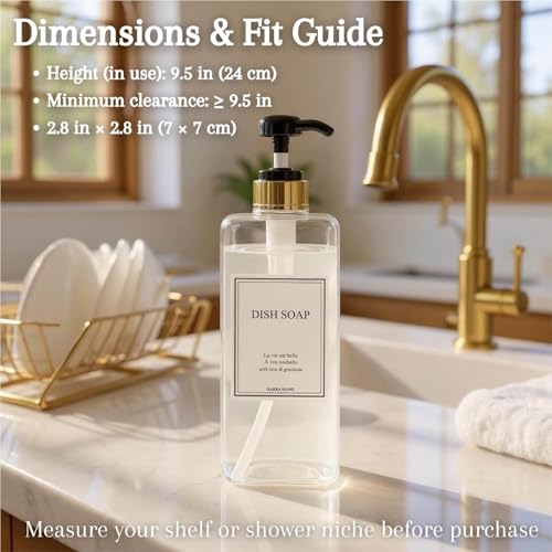 Modern Gold Design Shampoo and Conditioner Dispenser, Large 27oz Shower Soap Dispenser, Set of 3 Refillable Empty Plastic Pump Bottles for Bathroom (6 Waterproof Labels Included), (Clear & Black) - color: Clear & Black