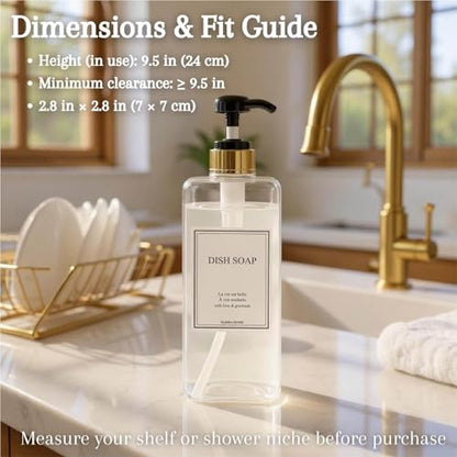 Modern Gold Design Shampoo and Conditioner Dispenser, Large 27oz Shower Soap Dispenser, Set of 3 Refillable Empty Plastic Pump Bottles for Bathroom (6 Waterproof Labels Included), (Clear & Black) - color: Clear & Black