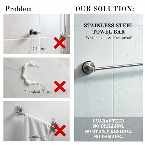 Suction Cup Towel Bar 17-28 Inch Adjustable Retractable Stainless Steel Towel Rack for Bathroom, RV & Renters - No Drill Heavy Duty Wall Mounted Holder, Removable for Glass & Tile (1, Silver) - color: Silver