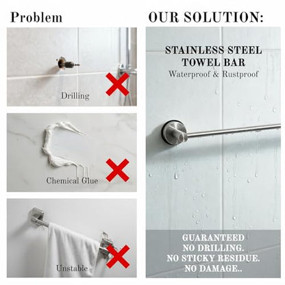 Suction Cup Towel Bar 17-28 Inch Adjustable Retractable Stainless Steel Towel Rack for Bathroom, RV & Renters - No Drill Heavy Duty Wall Mounted Holder, Removable for Glass & Tile (1, Silver) - color: Silver
