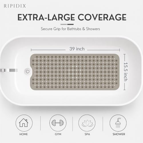 Bathtub Mat Non-Slip – 39" x 15.5" Extra Long Shower Mat with Suction Cups, BPA Free & Machine Washable, Textured Bath Mat for Tub, Ideal for Kids, Seniors & Pregnant Women, Clear Brown - color: Light Gray