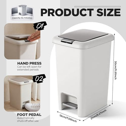 2 Pack 1.6 Gallon Small Trash Can with Lid, Step-on Slim Bathroom Garbage Can 6 Liter Plastic Wastebasket for Kitchen, Bathroom, Office, Dorm, Modern Gray