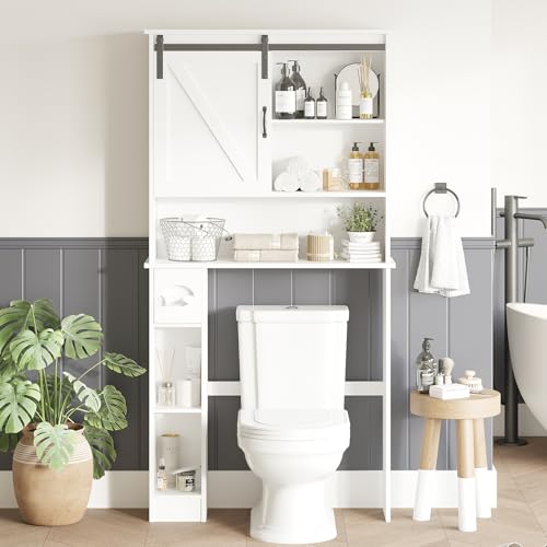 Takywep Over The Toilet Storage Cabinet with 2 Doors, Adjustable Shelf, Toilet Paper Holder and Hooks, Space-Saving Bathroom Organizer for Restroom, Laundry, White