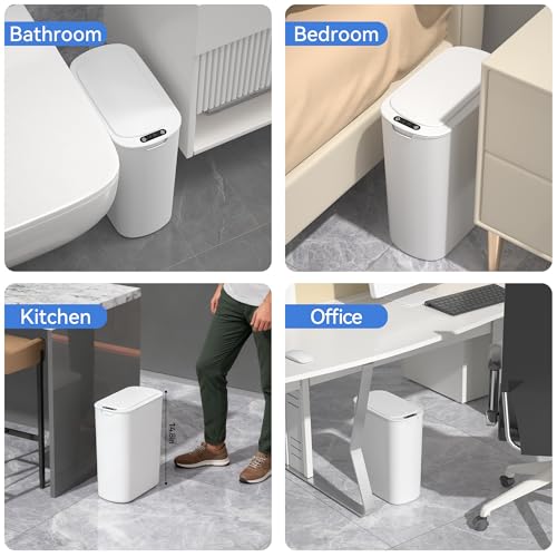 FRESHLIX Automatic Motion Sensor Bathroom Trash Can with Lid, 5 Gallon Touchless Trash Bin,Smart Electric Narrow Waterproof Garbage Bin for Toilet, Office, Bedroom, Living Room, Dorm (White - color: White