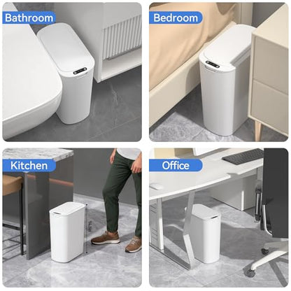 FRESHLIX Automatic Motion Sensor Bathroom Trash Can with Lid, 5 Gallon Touchless Trash Bin,Smart Electric Narrow Waterproof Garbage Bin for Toilet, Office, Bedroom, Living Room, Dorm (White - color: White