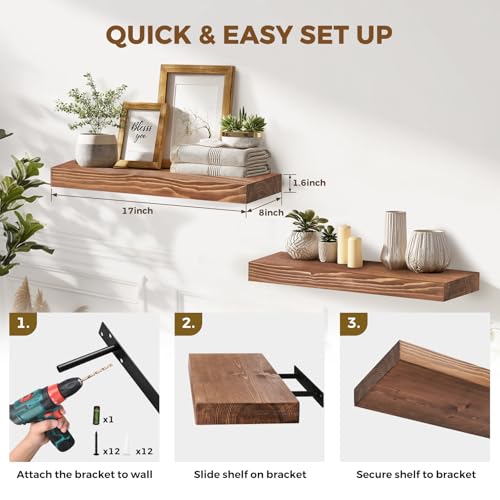 Solid Wood Floating Shelves, 17 Inch Wall Shelves, Set of 2, Brown | 8 Inch Deep, 1.6 Inch Thick, Extra-Wide Display Space, Mounting Hardware Included, For Kitchen, Bathroom and Living Room - color: Brown, size: 17x8x1.6