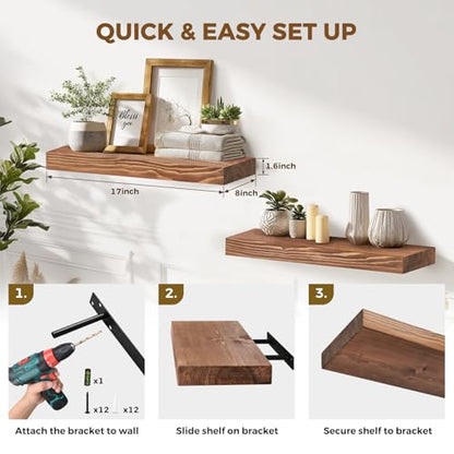 Solid Wood Floating Shelves, 17 Inch Wall Shelves, Set of 2, Brown | 8 Inch Deep, 1.6 Inch Thick, Extra-Wide Display Space, Mounting Hardware Included, For Kitchen, Bathroom and Living Room - color: Brown, size: 17x8x1.6