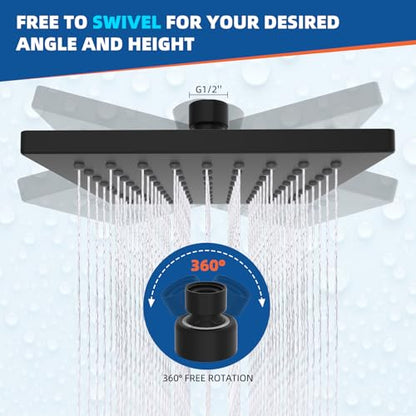 Hibbent cUPC Certified Thickness Metal 6'' Rain Shower Head, Matte Black | High Pressure Shower Head, Bathroom Waterfall Shower Heads, High Flow Fixed Showerheads with Adjustable Brass Ball Joint - color: Matte Black, style: Square 6''