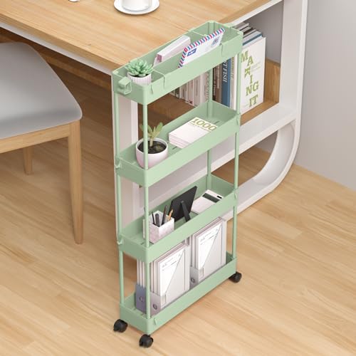 Slim Storage Cart 4 Tier,Bathroom Organizer Rolling Utility,Mobile Shelving Unit Slide Out for Office, Kitchen, Laundry Room & Narrow Places，Green - color: Green