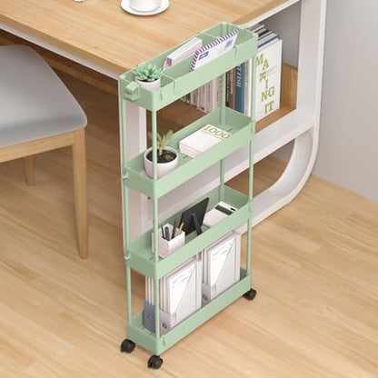 Slim Storage Cart 4 Tier,Bathroom Organizer Rolling Utility,Mobile Shelving Unit Slide Out for Office, Kitchen, Laundry Room & Narrow Places，Green - color: Green