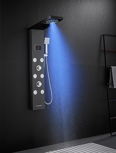 LED Rainfall Shower Tower System, Stainless Steel Hydroelectric Shower Panel Tower System (No battery need) with 6 Pcs Body Jets, Black - color: Black - 6 Body Jets