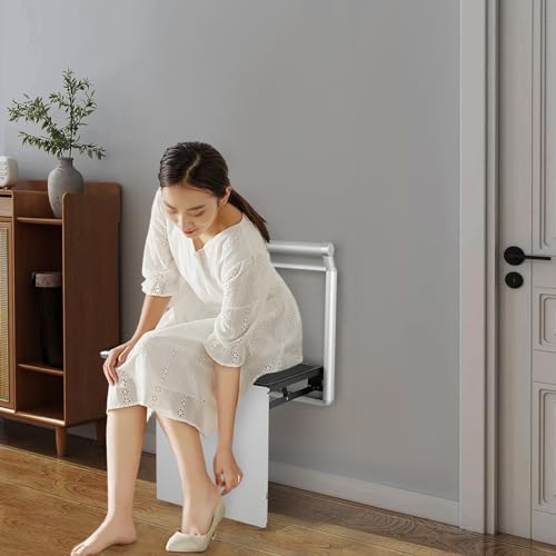 Folding Shower Seat Wall Mounted Heavy Duty Aluminum Alloy Bath Chair with Handrail Non Slip Pads for Elderly Disabled Pregnant Women Bathroom Shower Room