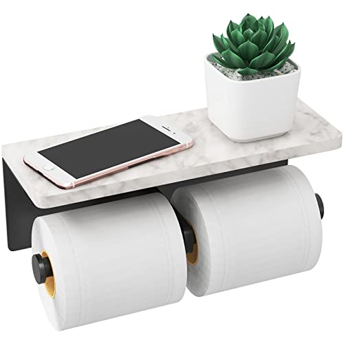 Gypie Toilet Paper Holder with Marble Shelf, Wall Mount, Double Black | Stainless Steel Tissue Roll Paper Holder Dispenser for Bathroom Washroom - color: Black Double