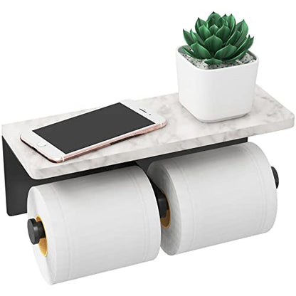 Gypie Toilet Paper Holder with Marble Shelf, Wall Mount, Double Black | Stainless Steel Tissue Roll Paper Holder Dispenser for Bathroom Washroom - color: Black Double