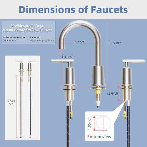 VXV Brushed Nickel Bathroom Faucet 3 Hole Widespread with Easy Installation, 2-Handle 8 Inch Bathroom Sink Faucet 360° Swivel Spout, Pre-Attached Hoses & Drain Included, Vanity Faucet for Bath Sink - color: Sleek Brushed Nickel