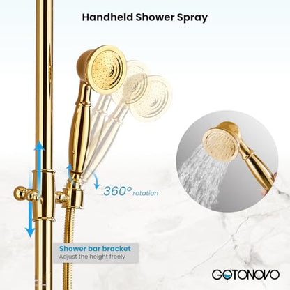 gotonovo Exposed Shower Faucet Set with Tub Spout Polished Gold | Brass Bathroom Shower System,8 Inch Rainfall Head with Handheld Spray and Tub Filler,Adjustable Height,6’’ Hole Distance - color: Bright Gold