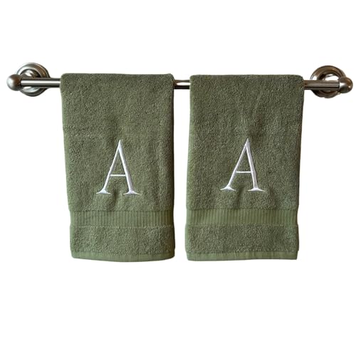 Sage with White Monogrammed Hand Towels for Bathroom - Set of 2 Letter A | Luxury Hotel Quality Initial Towels For Powder Room, Spa, GOTS Organic Certified - color: Sage With White, size: Initial A