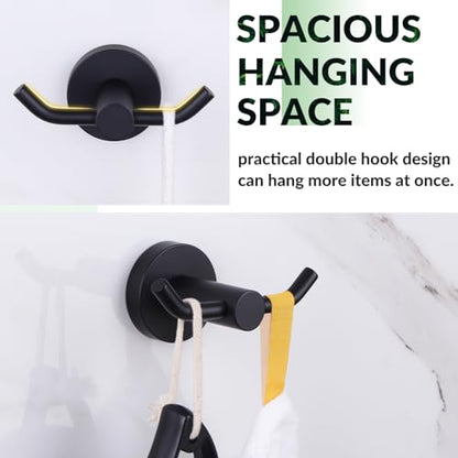 APLusee Matte Black Double Towel Hook for Bathroom, Entryway, Wall Mounted | Robust 304 Stainless Steel, Resist Rust & Corrosion, Heavy-duty 11lbs Robe Hook for Towel, Clothes, Bag, Kitchen or Outdoors