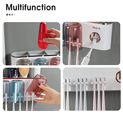 iHave Toothbrush Holders for Bathrooms Wall Mounted with Dispenser & 3 Cups | 9 Slots Wall Mount Toothbrush Holders for Bathrooms with Squeeze Toothpaste Dispenser, 3 Cups & 3 Compartments Organizer - color: White 3 Cups
