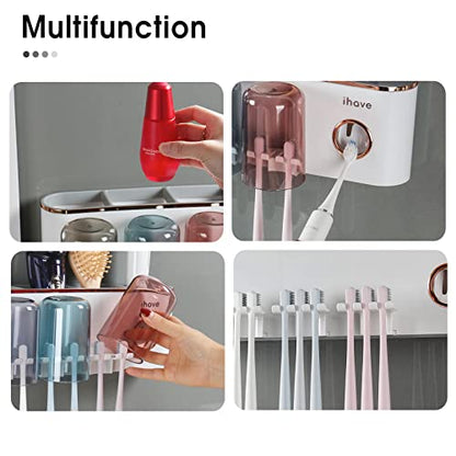 iHave Toothbrush Holders for Bathrooms Wall Mounted with Dispenser & 3 Cups | 9 Slots Wall Mount Toothbrush Holders for Bathrooms with Squeeze Toothpaste Dispenser, 3 Cups & 3 Compartments Organizer - color: White 3 Cups