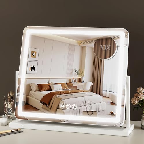 Vanity Mirror with Lights, 24"x20" Hollywood Lighted Makeup Mirror for Tabletop & Bedroom 3 Color Lighting Modes Smart Touch Control 360° Rotation Detachable - size: 24"L x 20"W
