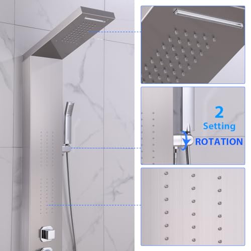 ELLO&ALLO Rainfall Waterfall Shower Head Rain Massage System with Body Jets Stainless Steel Bathroom Shower Panel Tower System, Brushed Nickel - color: Brushed A