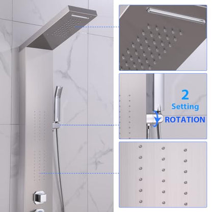ELLO&ALLO Rainfall Waterfall Shower Head Rain Massage System with Body Jets Stainless Steel Bathroom Shower Panel Tower System, Brushed Nickel - color: Brushed A
