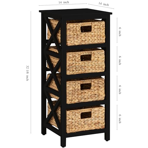 4 Tier X-Side End Storage Cabinet, Black | 4 Wicker Baskets, End Table, Side Table - color: Black, size: 14"D x 14"W x 32.1"H (4 Drawers)