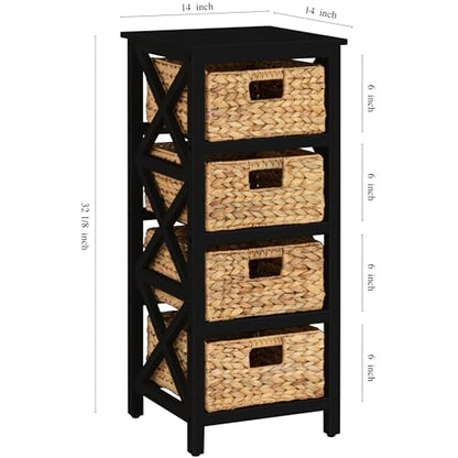 4 Tier X-Side End Storage Cabinet, Black | 4 Wicker Baskets, End Table, Side Table - color: Black, size: 14"D x 14"W x 32.1"H (4 Drawers)