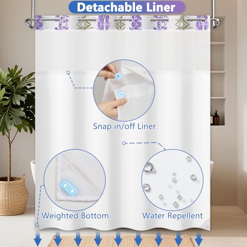No Hook Shower Curtain and Liner Set, Lavender Shower Curtain with Snap in Liner and Mesh Top Window, Purple Floral Waterproof Fabric Shower Curtains with Weighted Hem for Bathroom Hotel, 71x74 Inches - color: Lavender Garden
