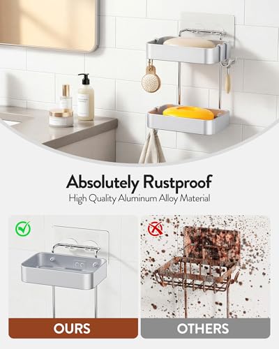 Orimade Aluminum 2 Tier Soap Holder for Shower – Wall Mounted Rustproof Soap Dish with Hooks, No Drilling Adhesive Soap Rack for Bathroom, Kitchen, RV – Quick Draining & Space Saving (Silver)