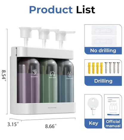 Shower Soap Dispenser Wall Mounted, Shower Dispenser 3 Chamber No Drill, Shampoo and Conditioner Dispenser for Bathroom Hotel, Shower Shampoo Dispenser 3 Chamber, White - color: White