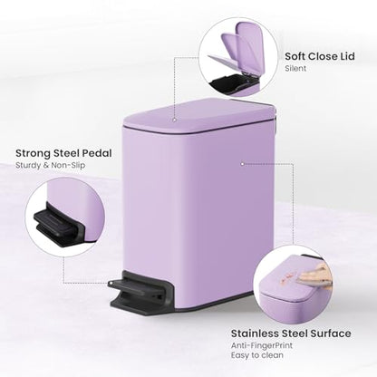 Cesun Small Bathroom Trash Can with Lid, 1.6 Gal, Soft Close, Purple | Step pedal soft close, Slim 5.9in fits narrow spaces, Stainless steel, Anti-fingerprint, Removable inner bucket, Odor seal - color: Purple