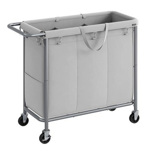 SONGMICS Laundry Basket with Wheels, 3-Section Rolling Laundry Hamper, 52.8 Gallons (200 L), Removable Liner, Steel Frame with Handle, 35.8 x 15.4 x 31.9 Inches, Dove Gray URLS005G01 - color: Dove Gray, size: 200 L (3-Section)