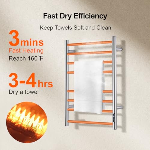 Towel Warmer Bathroom Wall Mounted Drying Rack Plug-in Electric Heated Towel Rack Stainless Steel Brushed Timer & Temperature Control 8 Bar - color: Brushed With Timer 8 Bar Etw44-2, size: 8 Bar