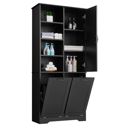 Merax Cabinet with Tilt-Out Laundry Hamper Basket, Tall Bathroom Storage Organizer Linen with Open Shelf for Home, Freestanding, Black - color: Black