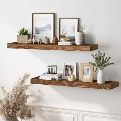 Solid Wood Floating Shelves, 36 Inch Wall Shelves, Set of 2, Brown | 8 Inch Deep, 1.6 Inch Thick, Extra-Wide Display Space, Mounting Hardware Included, For Kitchen, Bathroom and Living Room - color: Brown, size: 36x8x1.6