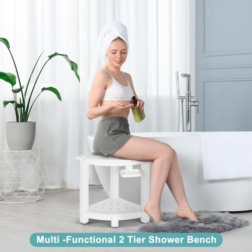 NALONE Corner Shower Stool, HDPE Shower Bench for Inside Shower, Small Shower Chair Seat for Shaving Legs with Storage Shelf, Soap Box and No-Slip Feet (White) | Small Shower Chair Seat for Shaving Legs, with Storage Shelf, Soap Box and No-Slip Feet, All