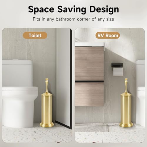 Brushed Gold Toilet Brush and Holder，Extra Long Handled Toilet Brush for Bathroom，Stainless Steel Heavy Duty Toilet Bowl Brush,Deep Cleaning Modern Toilet Cleaner Brush -Space Saving, Covered Brush - color: Brushed Gold
