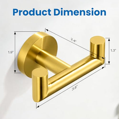 Shower Towel Hook, Wall Mount Robe Hook Holder, Brushed Gold | Stainless Steel Material, Double Hooks Design, Rust-Resistant, Strong Load-bearing Capacity - color: Brushed Gold